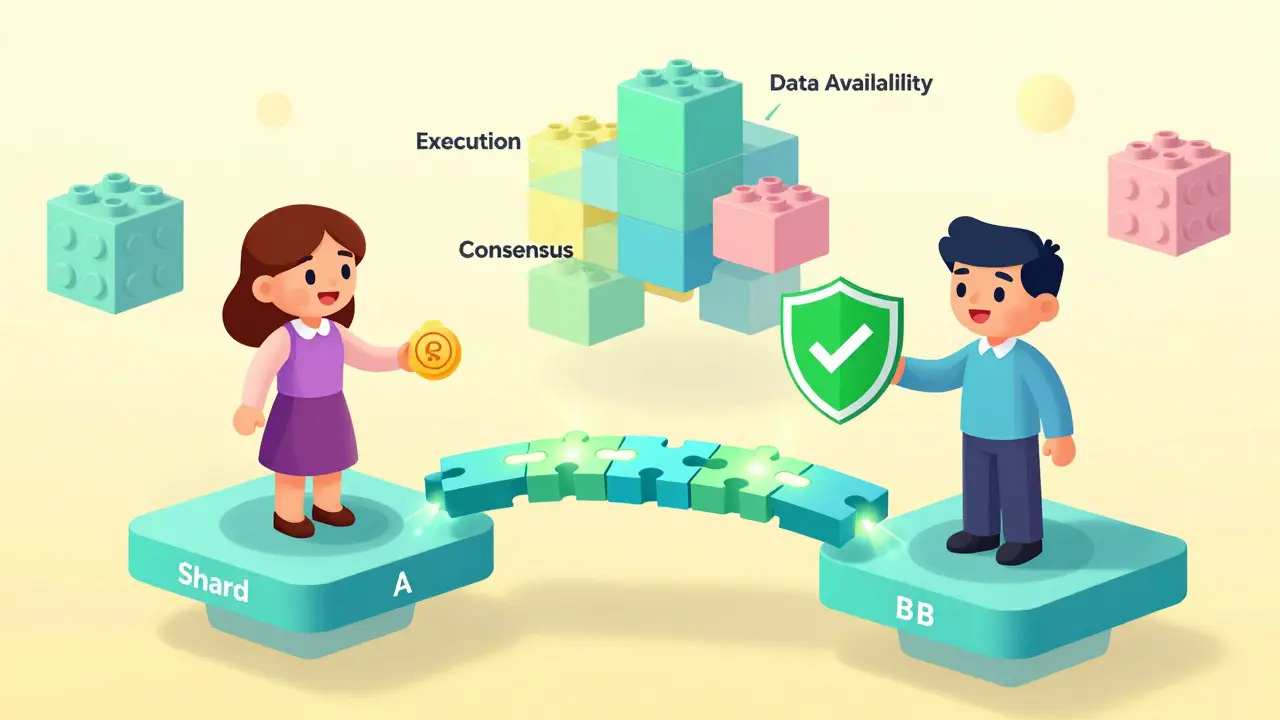 Illustration : échange sécurisé entre deux shards et modules blockchain futurs