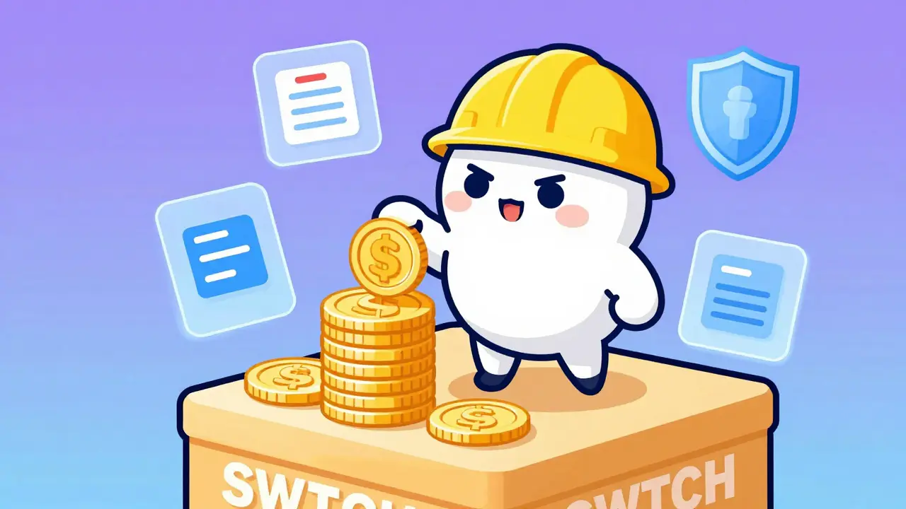 Personnage mignon empilant des jetons SWTCH pour le staking
