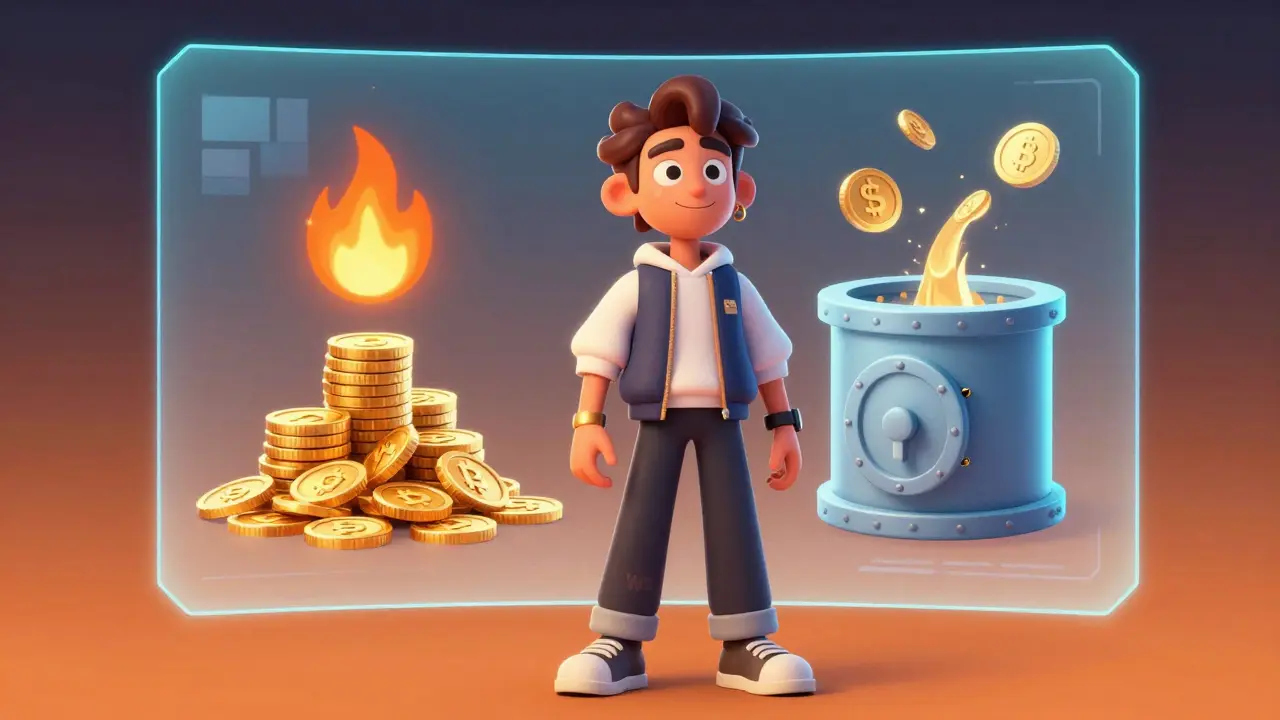 Personnage stylisé devant un hologramme montrant des pièces brûlées et des récompenses de staking.