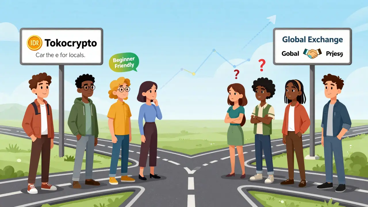 Personnages choisissant entre Tokocrypto pour débutants locaux ou échanges globaux pour traders avancés.