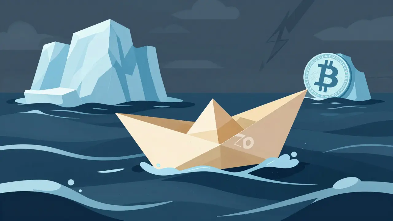 Petit bateau fragile sur des vagues tumultueuses représentant le risque crypto