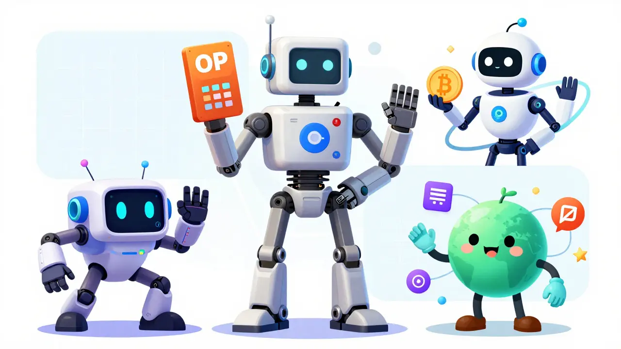 Quatre robots stylisés représentant les principaux frameworks Rollup