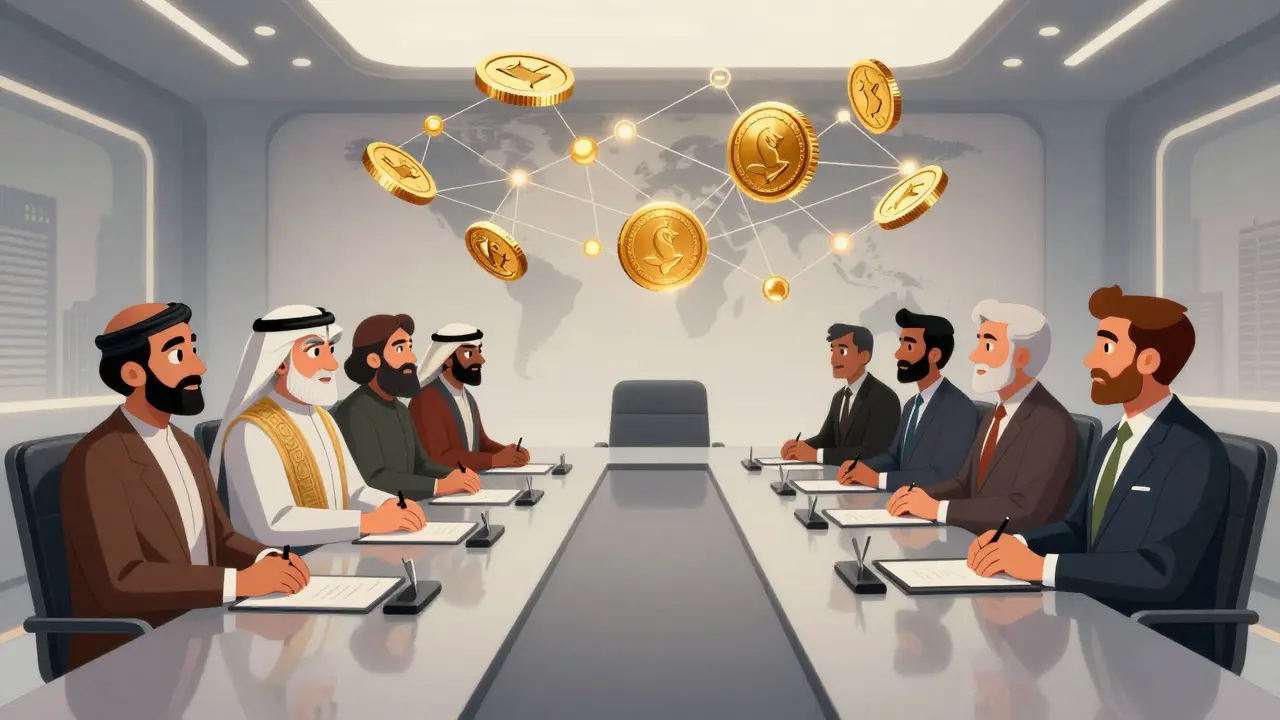 Réunion diplomatique futuriste symbolisant les partenariats crypto internationaux