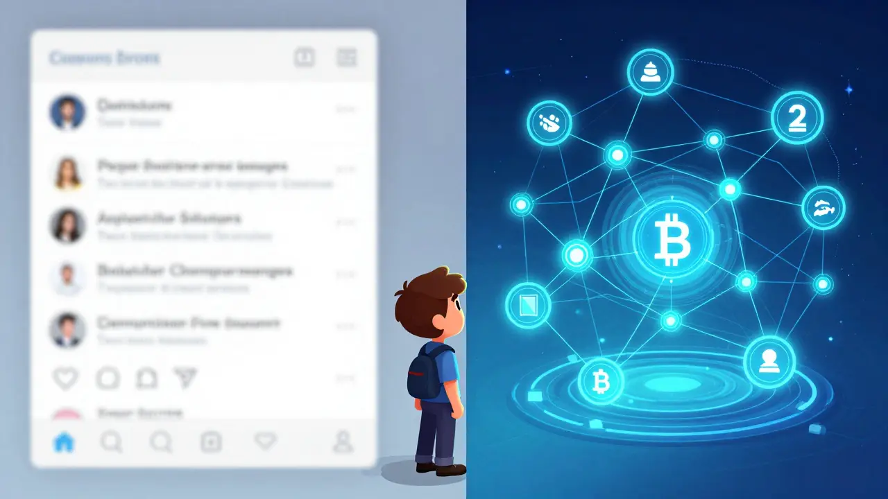 Scène cartoon montrant l'évolution vers les réseaux blockchain complexes en 2026