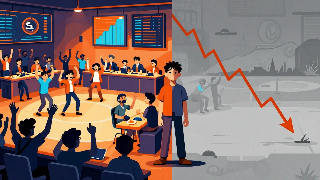 Scène divisée montrant l'euphorie du lancement vs la réalité actuelle du token PERA.