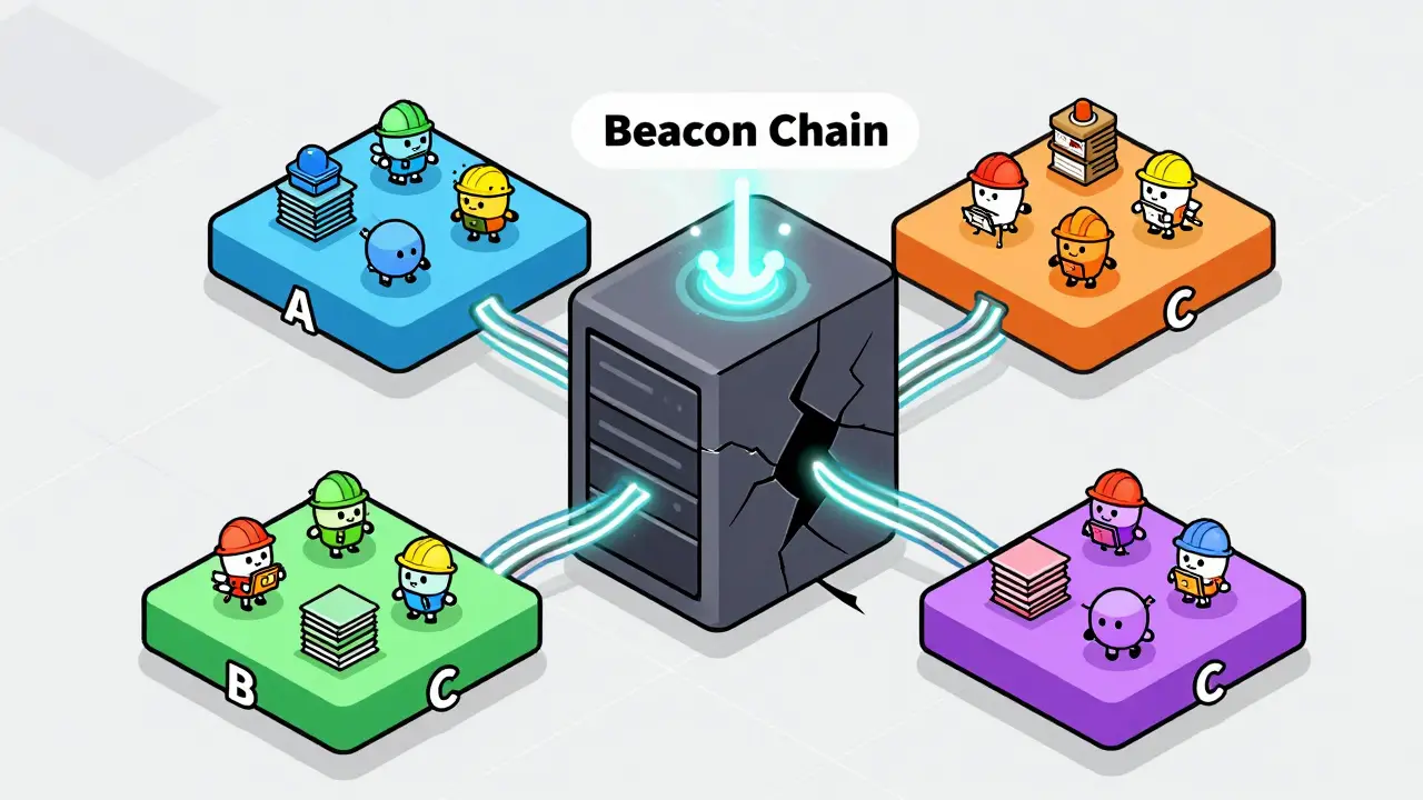 Schéma cartoon : serveur divisé en shards avec validateurs et chaîne Beacon