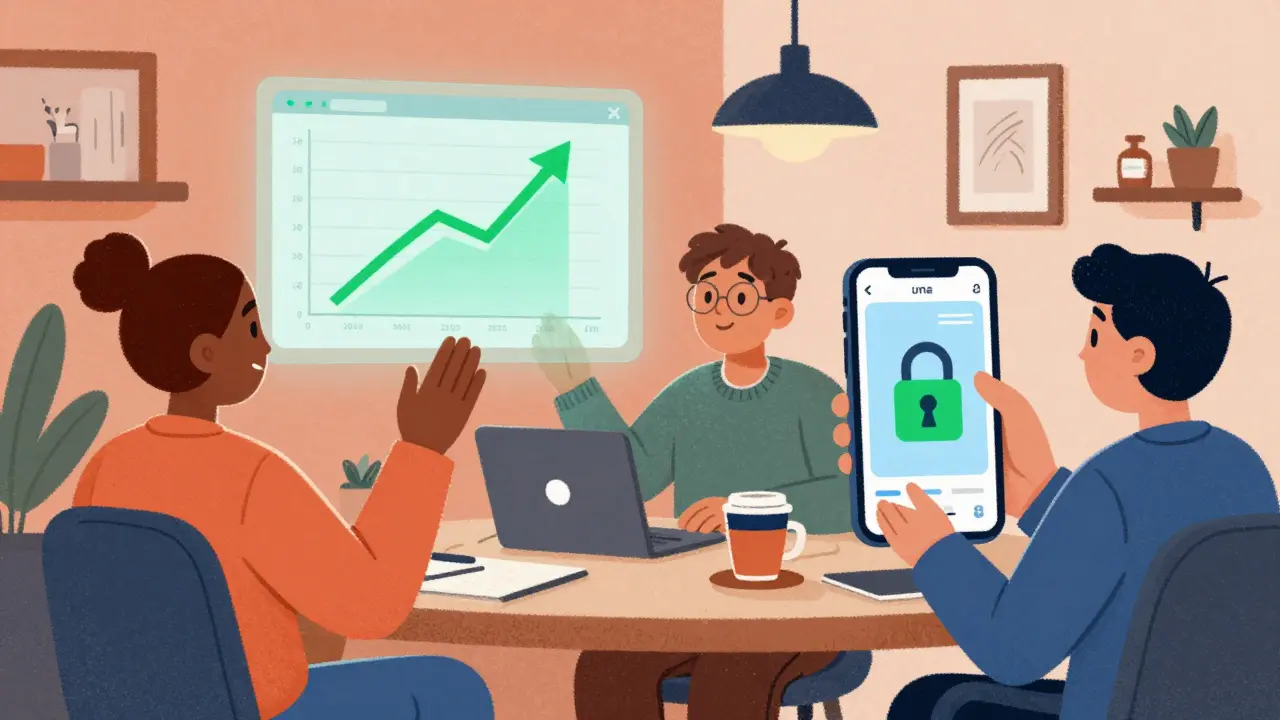 Utilisateurs animés échangeant des cryptos avec des graphiques