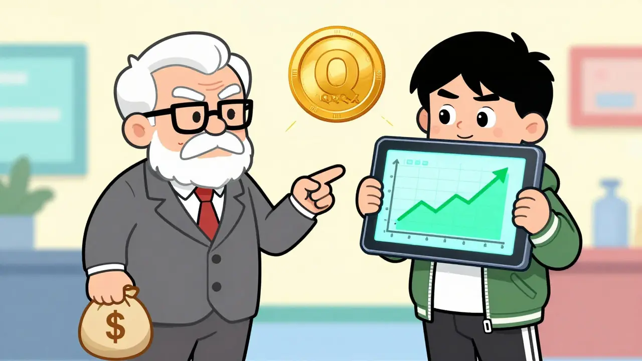 Comparaison humoristique entre fonds Nuveen et jeton QQQX crypto