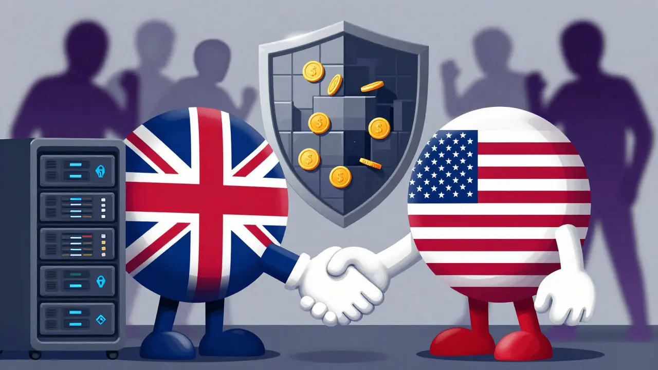Coopération UK-USA symbolisée par des mascottes protégeant la chaîne blockchain