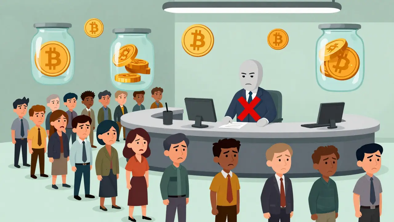 File d'attente devant un bureau gouvernemental avec des cryptos bloquées