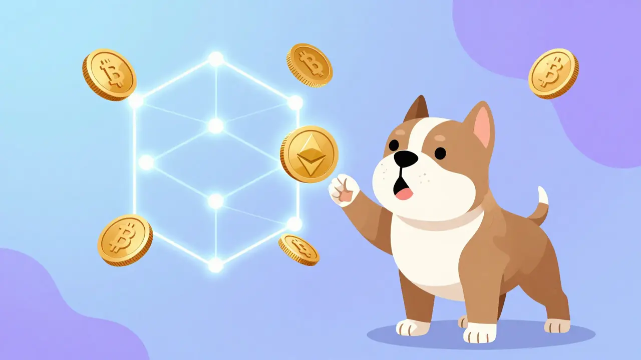 Illustration CalArts d'un chien interactuant avec des pièces crypto sur la blockchain