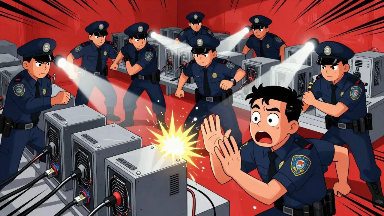 Illustration calarts : police saisissant des équipements de minage crypto lors d'une rafale