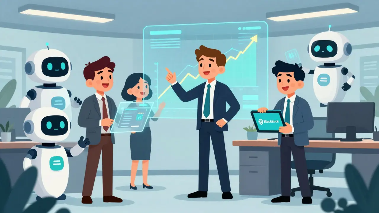 Illustration style CalArts montrant des investisseurs institutionnels adoptant la crypto avec confiance.
