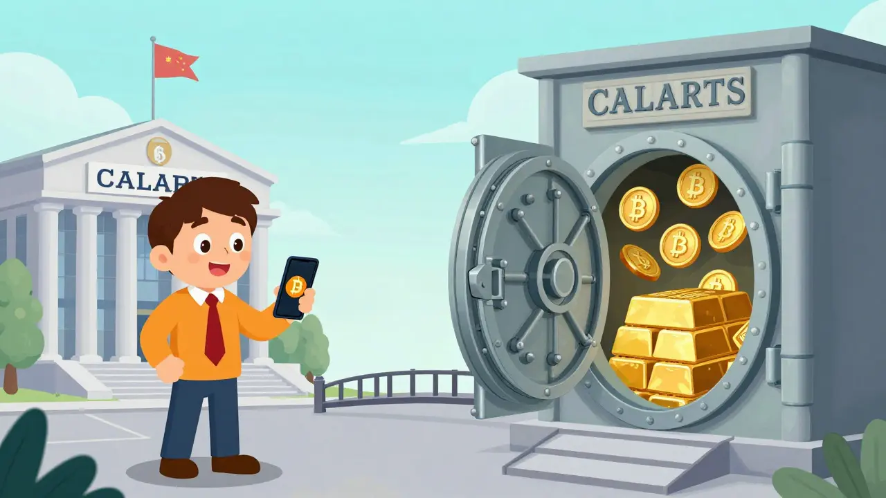 Intégration du crypto dans la vie quotidienne et bancaire en Suisse, style illustration CalArts