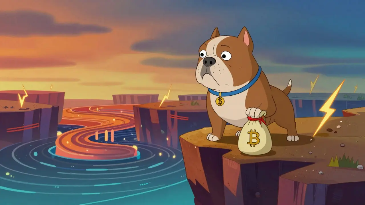 Personnage cartoon CalArts au bord d'une falaise symbolisant les risques crypto