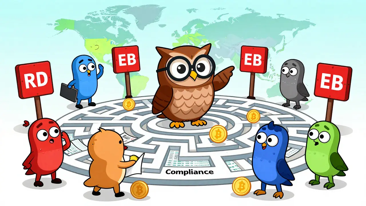 Personnages animés naviguant dans un labyrinthe de fiscalité crypto mondiale