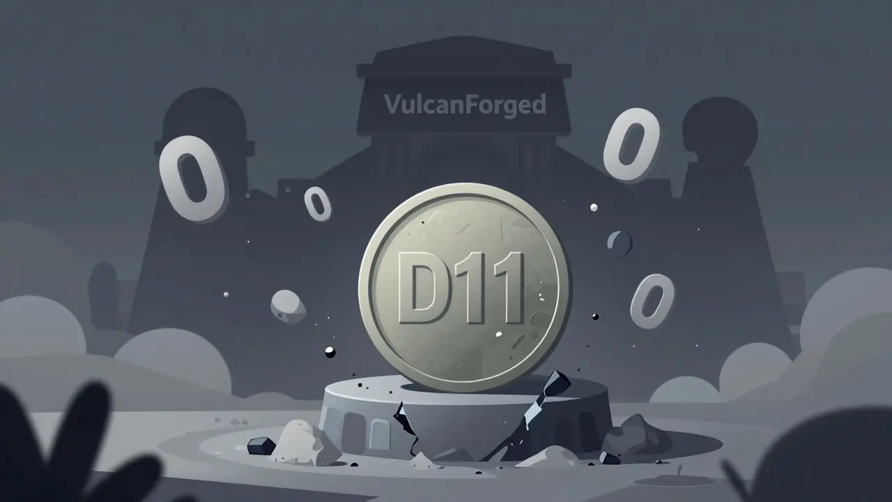 Pièce D11 s'effondrant en poussière sous l'ombre d'une structure imposante, symbolisant la fin du projet.