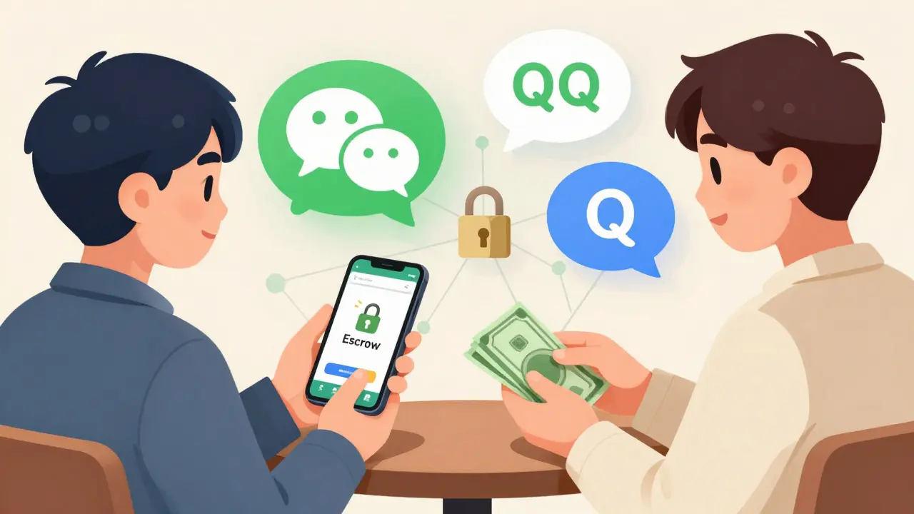 Scène de trading pair-à-pair via smartphones et messagerie instantanée