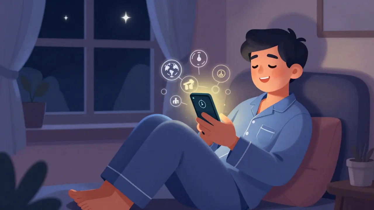 Trader relaxé échangeant QQQX sur smartphone la nuit, 24h/24