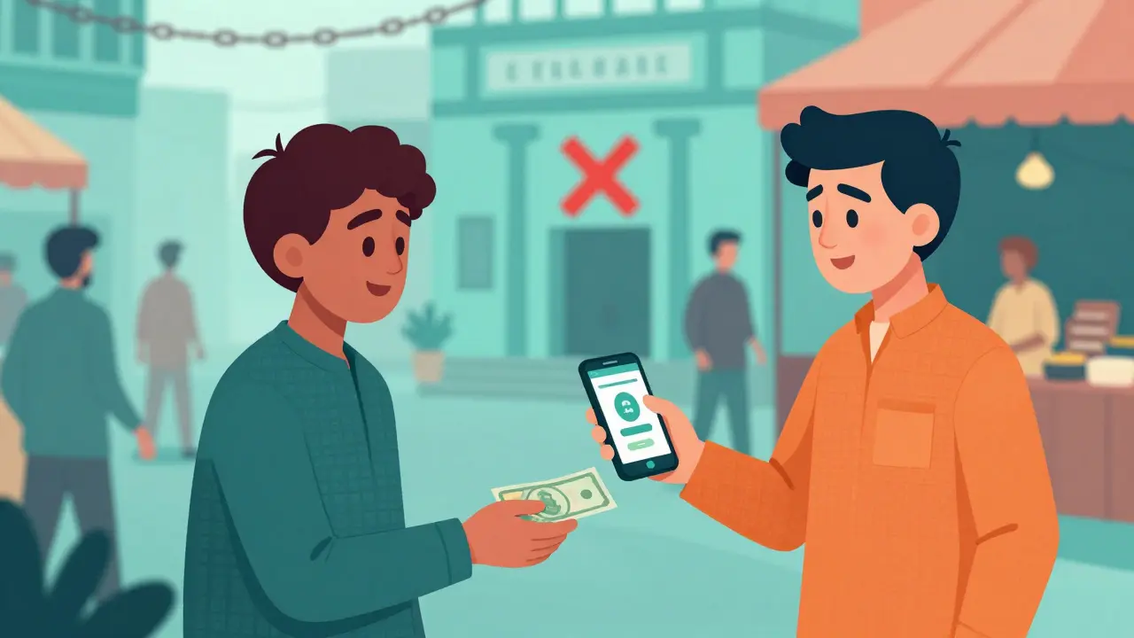 Transaction pair-à-pair de cryptomonnaies dans une rue animée à Lahore