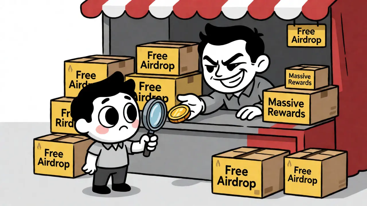 Caricature d'un investisseur méfiant face aux arnaques aux airdrops fantômes