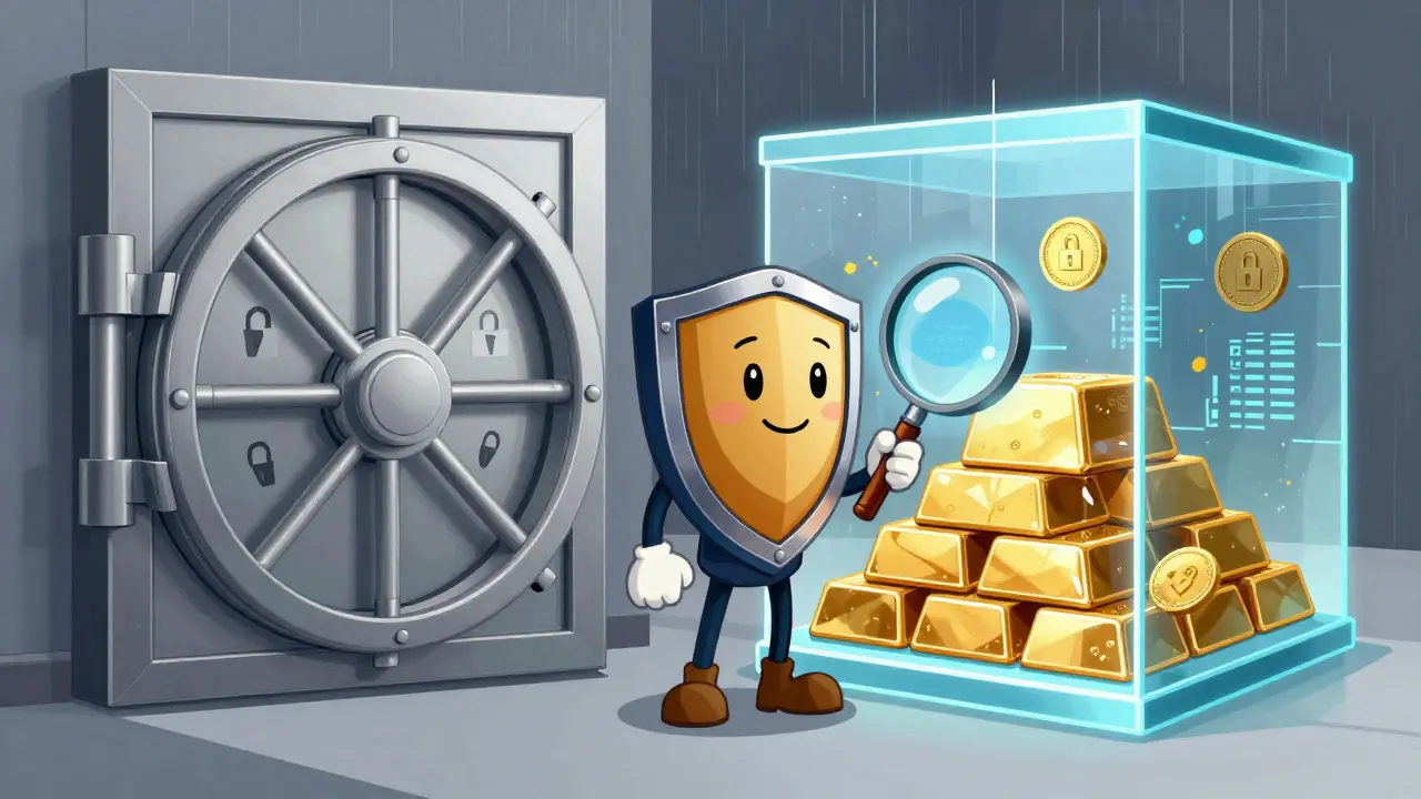 Coffre-fort et boîte transparente illustrant la sécurité et la transparence crypto