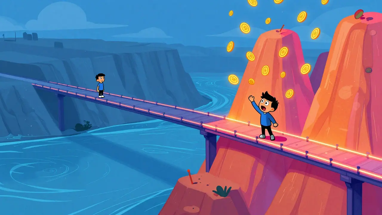 Comparaison cartoon entre un pont large et une passerelle étroite illuminée symbolisant la liquidité concentrée
