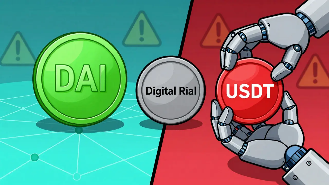 Comparaison visuelle entre DAI sécurisé, USDT bloqué et Rial numérique