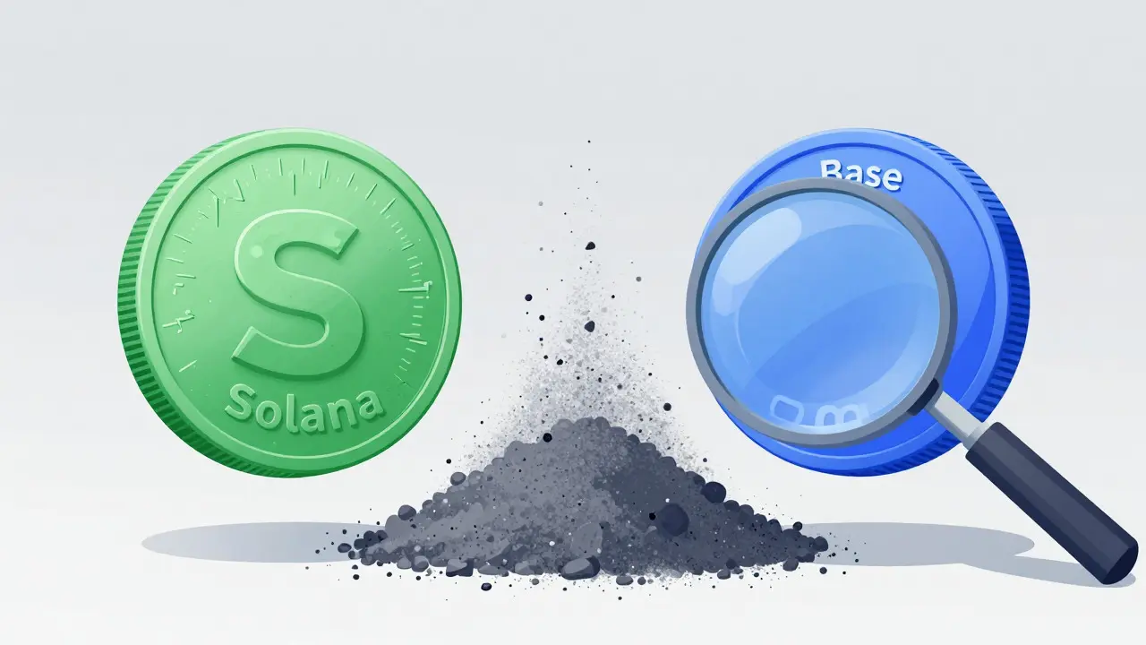 Deux pièces de crypto flottantes entourées d'une masse de tokens sans valeur