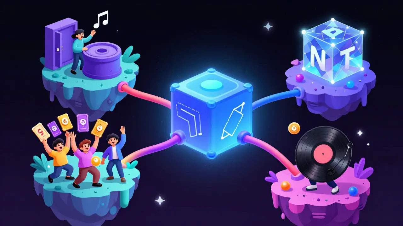 Écosystème BitSong reliant artistes, fans et NFTs via une blockchain centrale lumineuse.