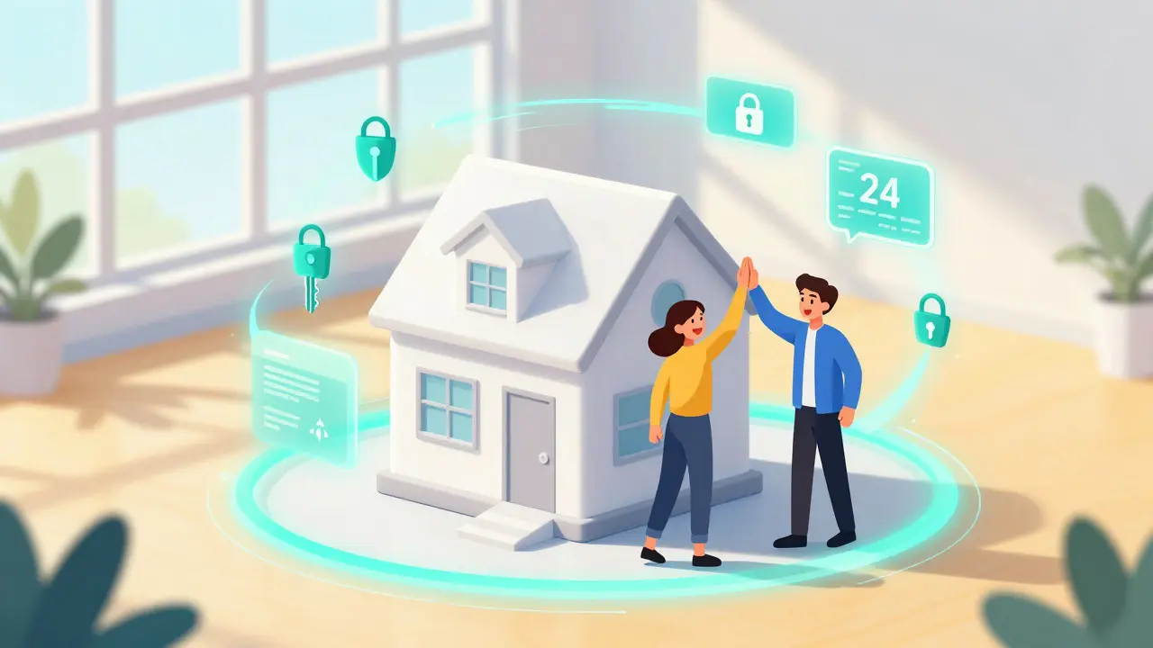 Futuriste : acheteur et vendeur heureux après une transaction immobilière rapide et sécurisée
