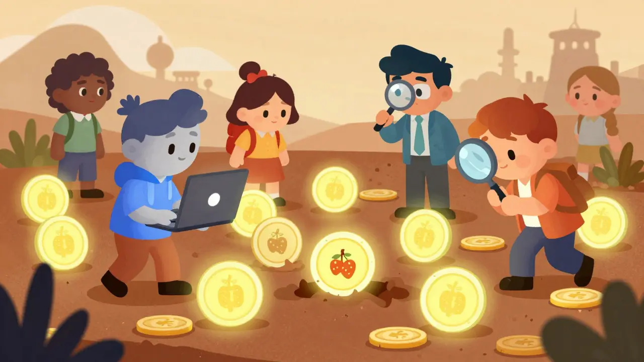 Groupe de personnages cherchant des jetons cryptographiques cachés dans un champ numérique illustré