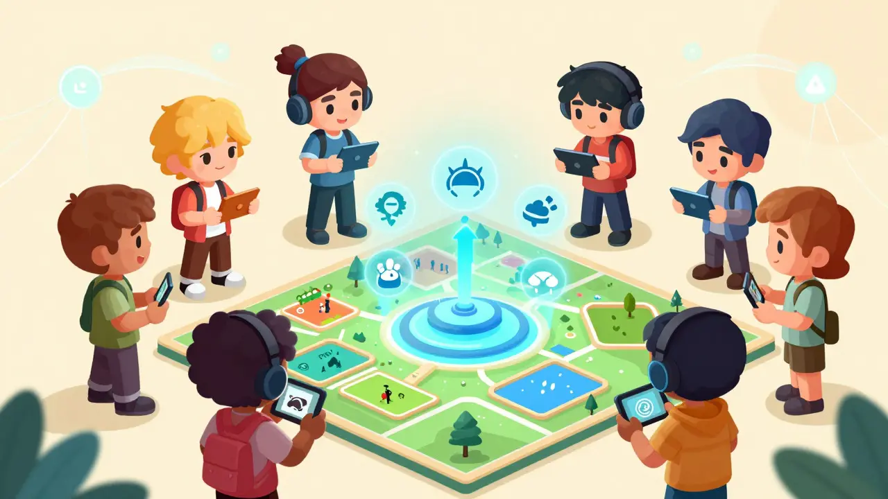 Groupe de personnages chibi explorant une carte holographique du jeu Zuki Moba