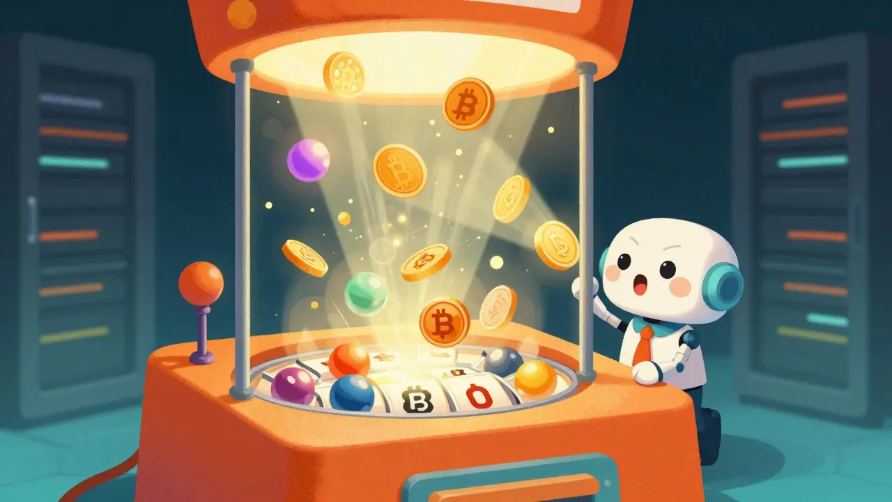 Machine à loterie futuriste sélectionnant des jetons crypto pour les validateurs.