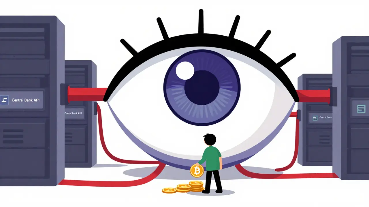 Oeil gouvernemental surveillant un trader crypto via des câbles de données