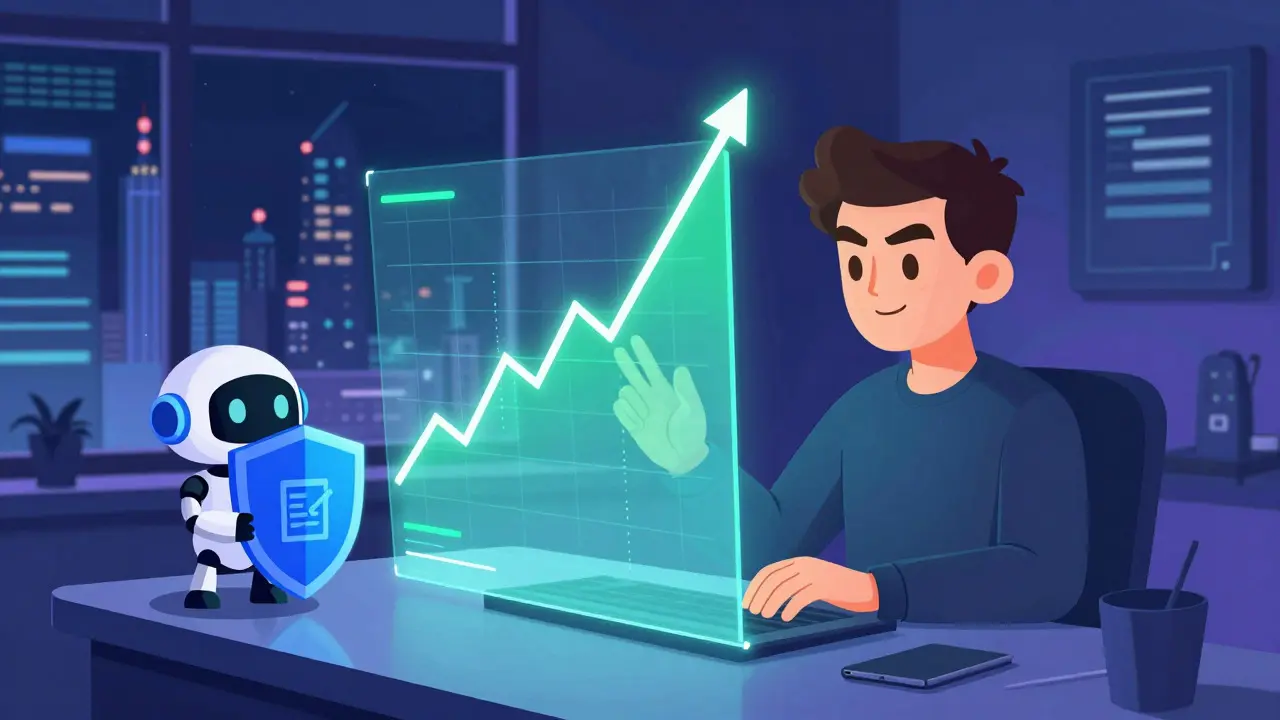 Personnage analysant un graphique holographique de croissance à côté d'un robot assistant
