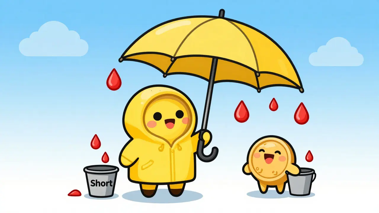 Personnage bitcoin sous la pluie avec un parapluie illustrant la stratégie de couverture.