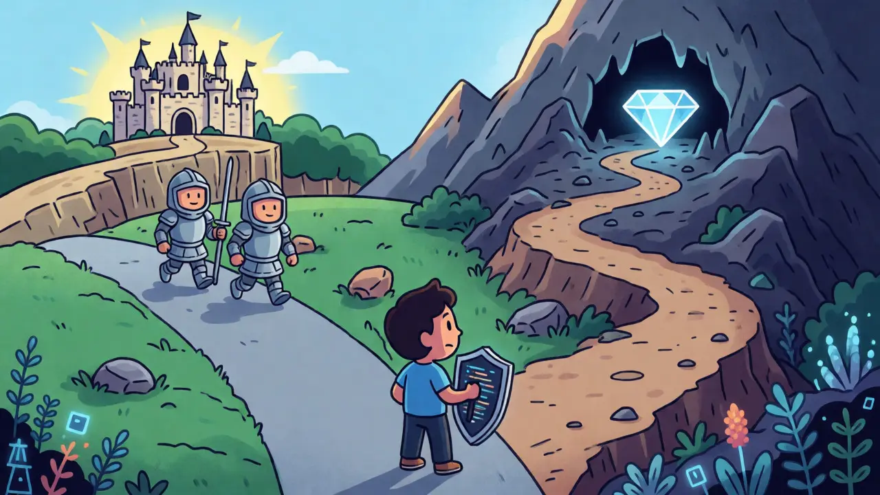 Personnage cartoon hésitant entre une route sûre et un chemin montagneux vers un trésor.