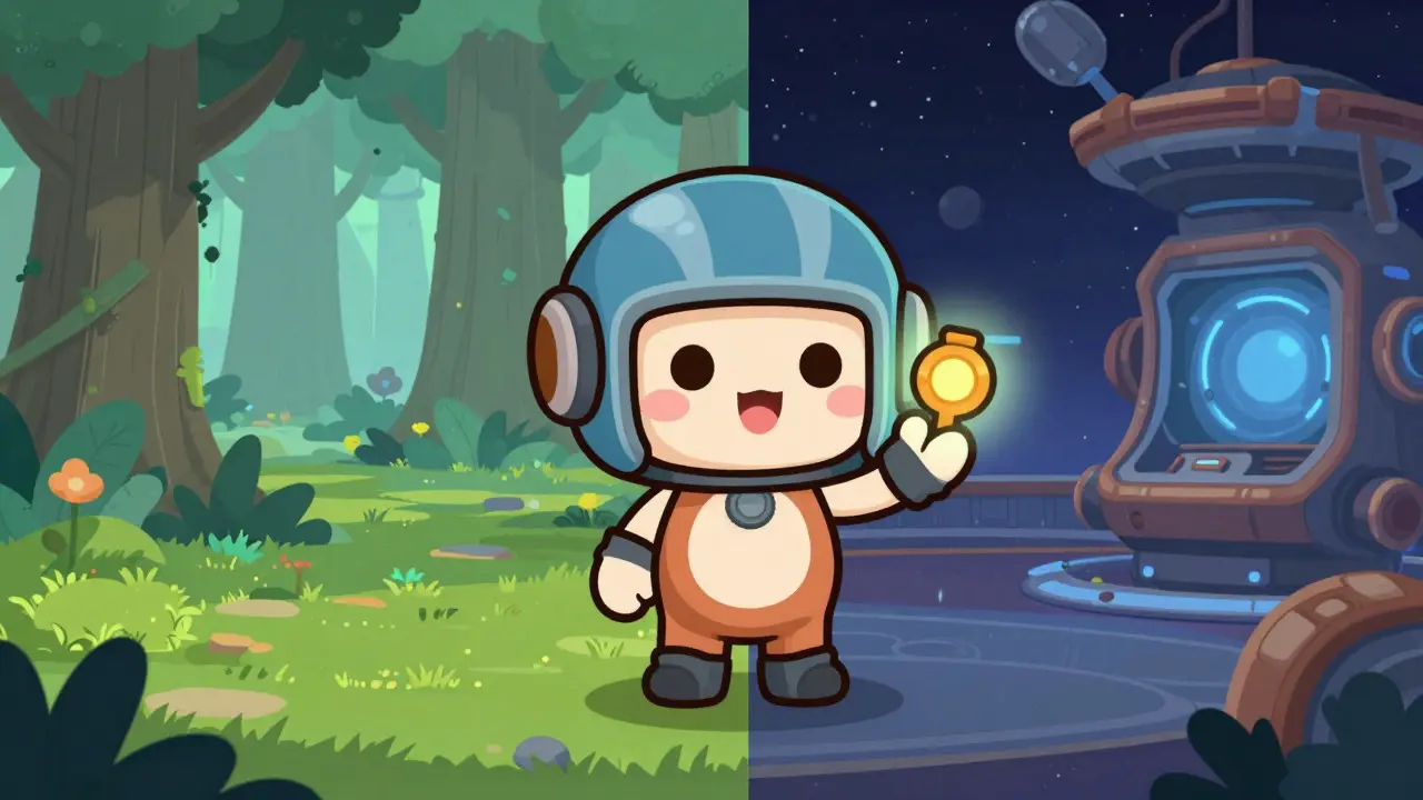 Personnage de jeu traversant des mondes différents avec un casque interopérable