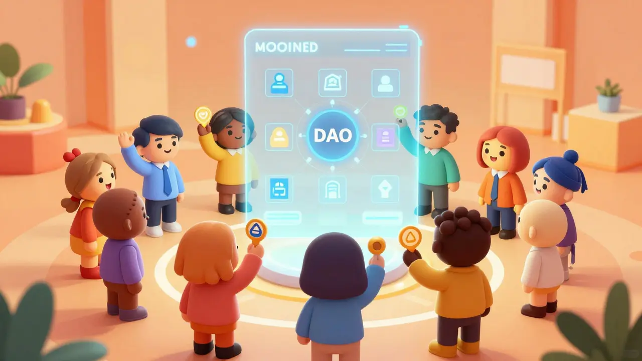 Personnages participant au vote DAO autour d'une interface holographique