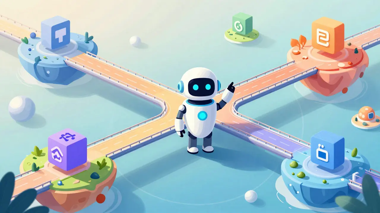 Pont futuriste reliant différentes blockchains avec un guide robotique