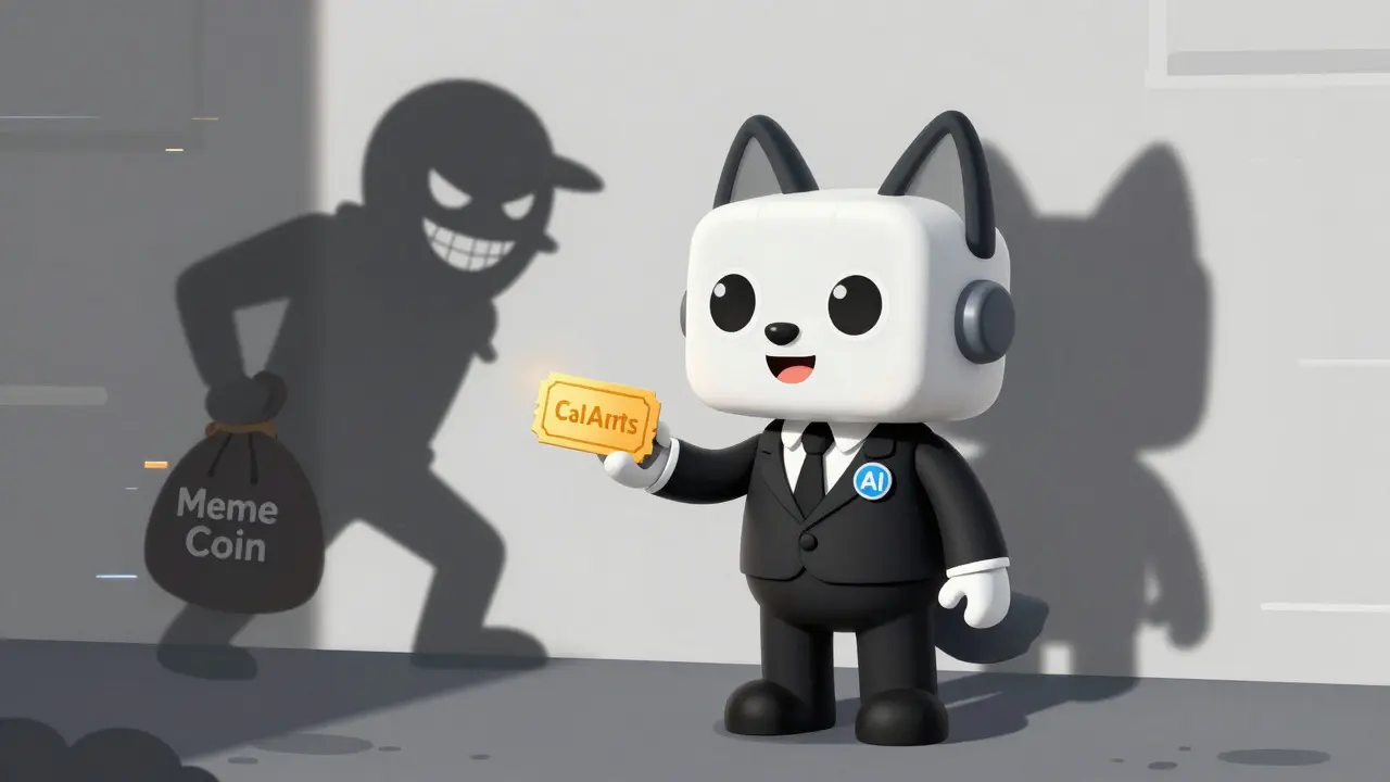 Robot IA trompeur dont l'ombre révèle un voleur de meme coin