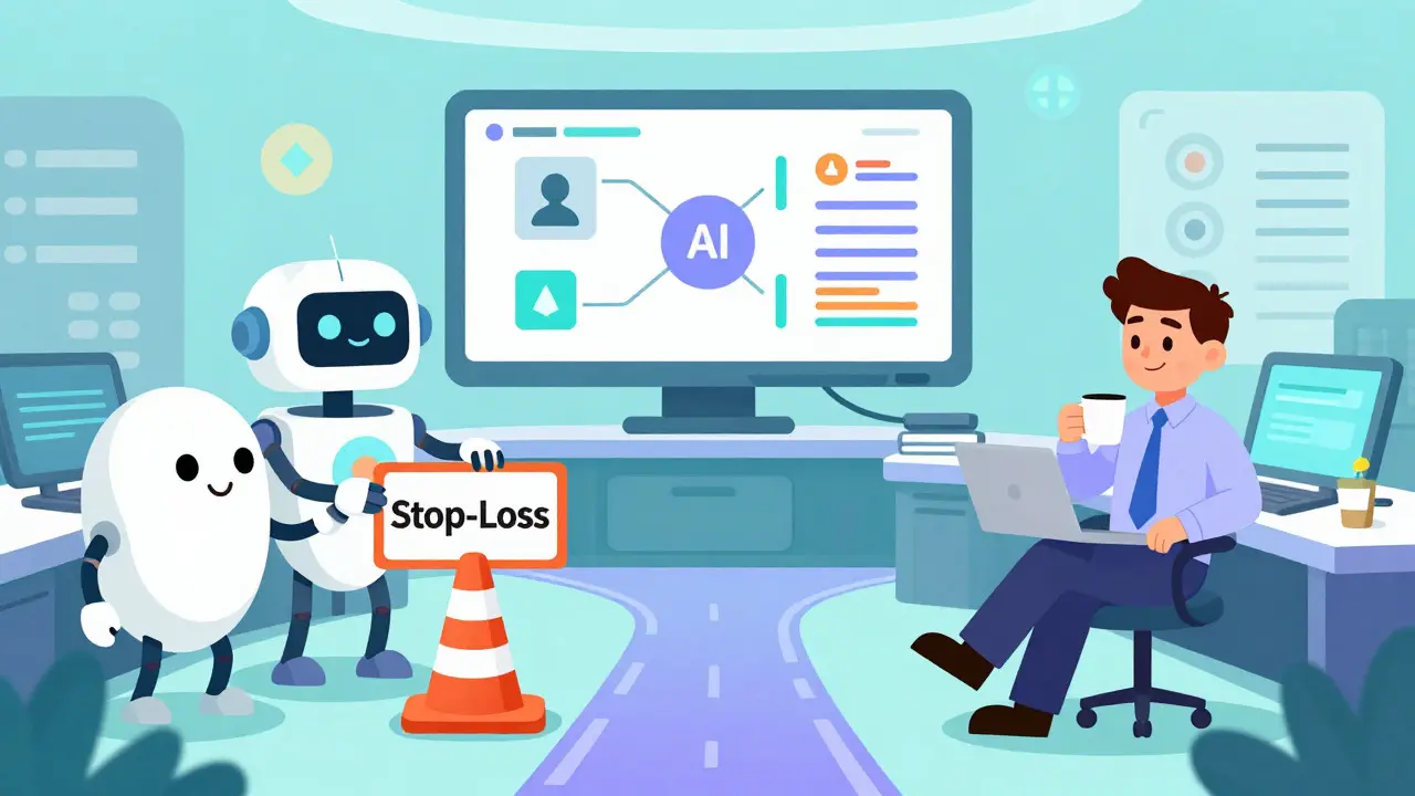Robots et trader collaborant pour gérer les risques avec des outils automatisés.