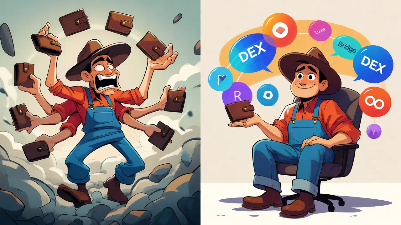 Comparaison cartoon entre le farming multi-wallets stressant et le mono-wallet calme