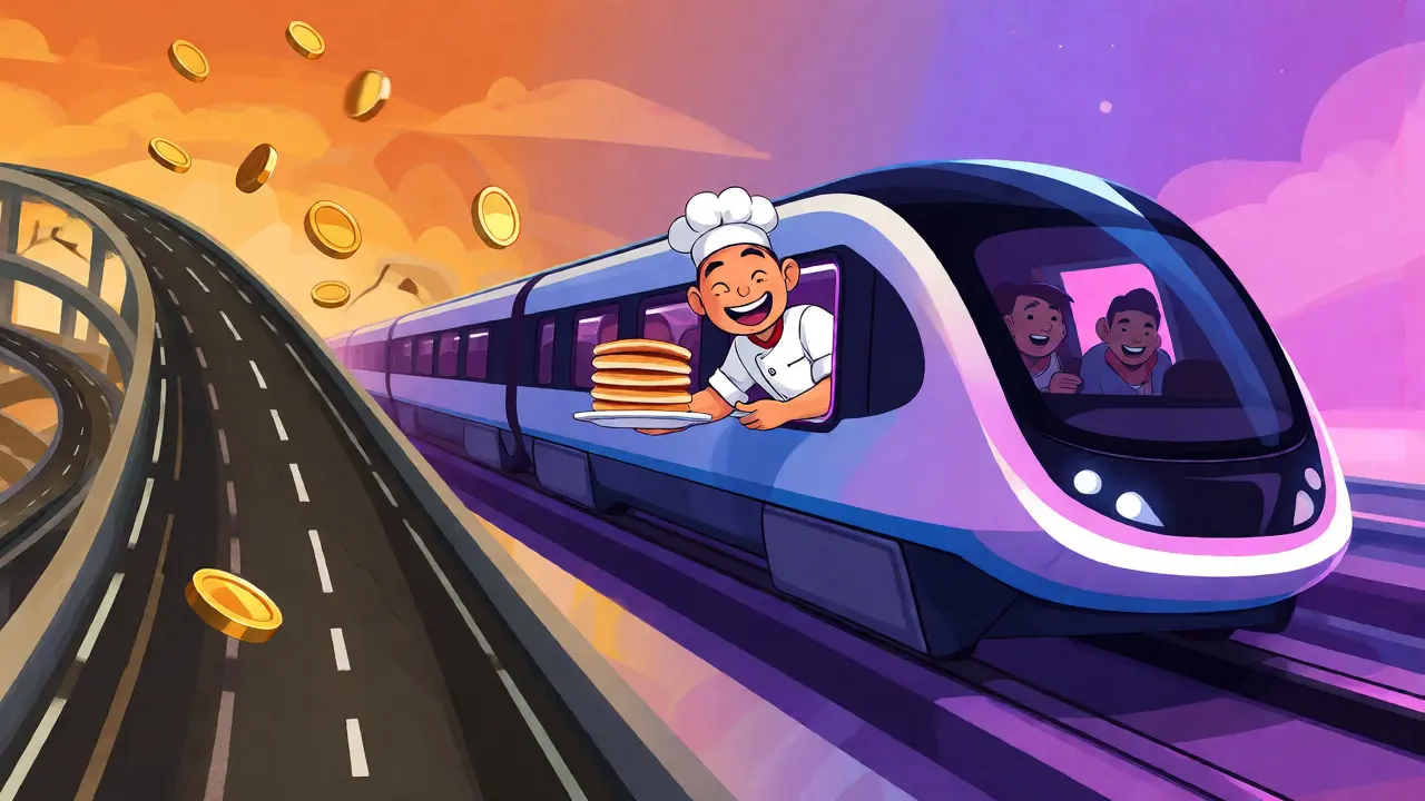 Comparaison visuelle entre les frais élevés et la rapidité du réseau zkEVM via un train rapide.