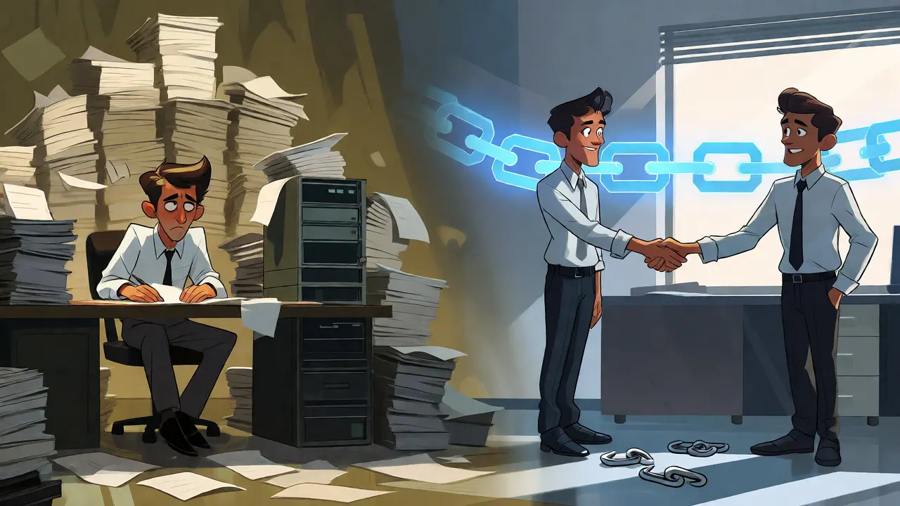 Comparaison visuelle entre un système bancaire centralisé encombré et la blockchain fluide.