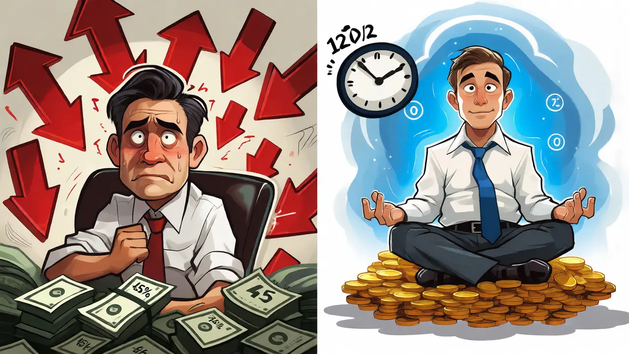 Contraste entre un trader stressé et un investisseur calme face à la fiscalité