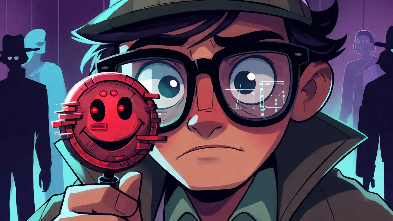 Détective cartoon inspectant un jeton suspect avec une loupe