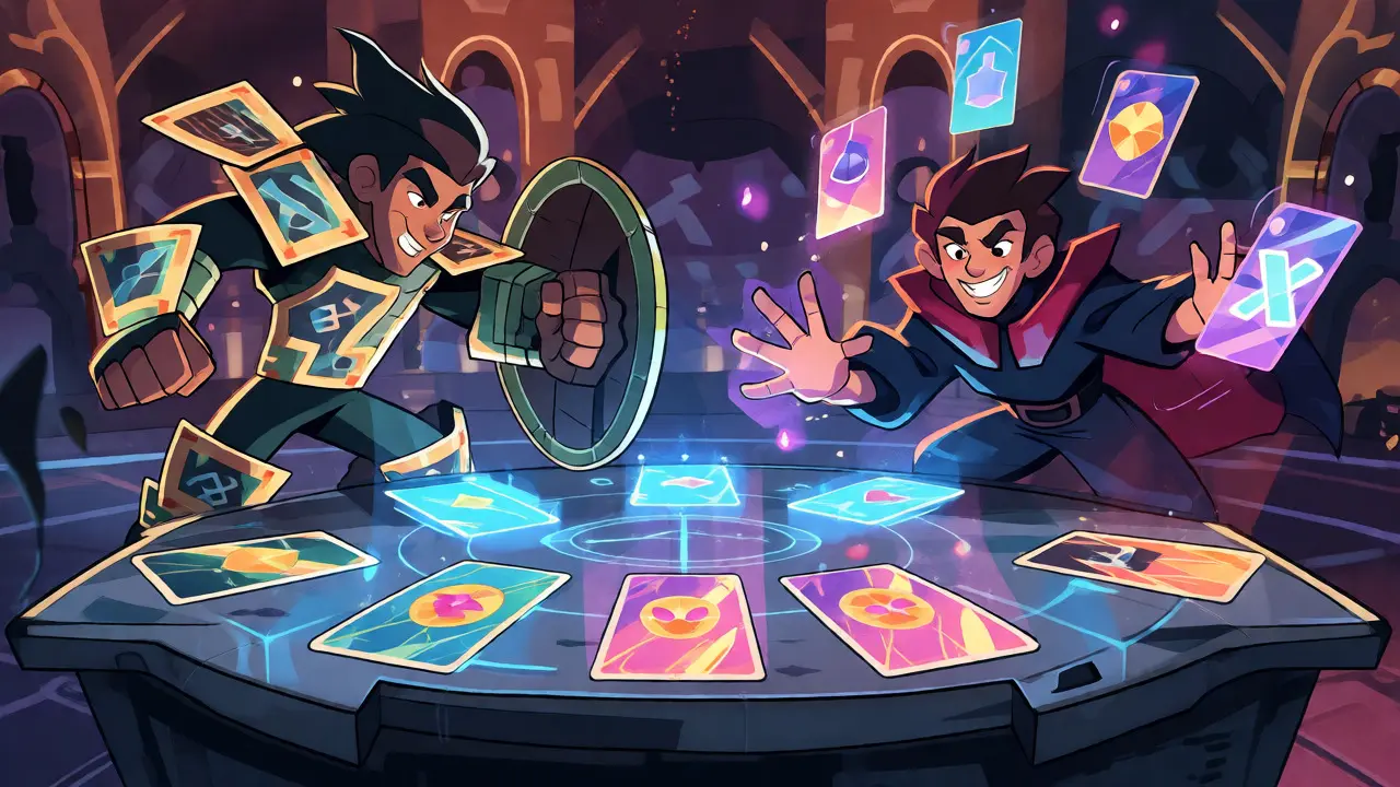 Deux personnages de jeu de cartes stratégiques s'affrontant avec des cartes flottantes