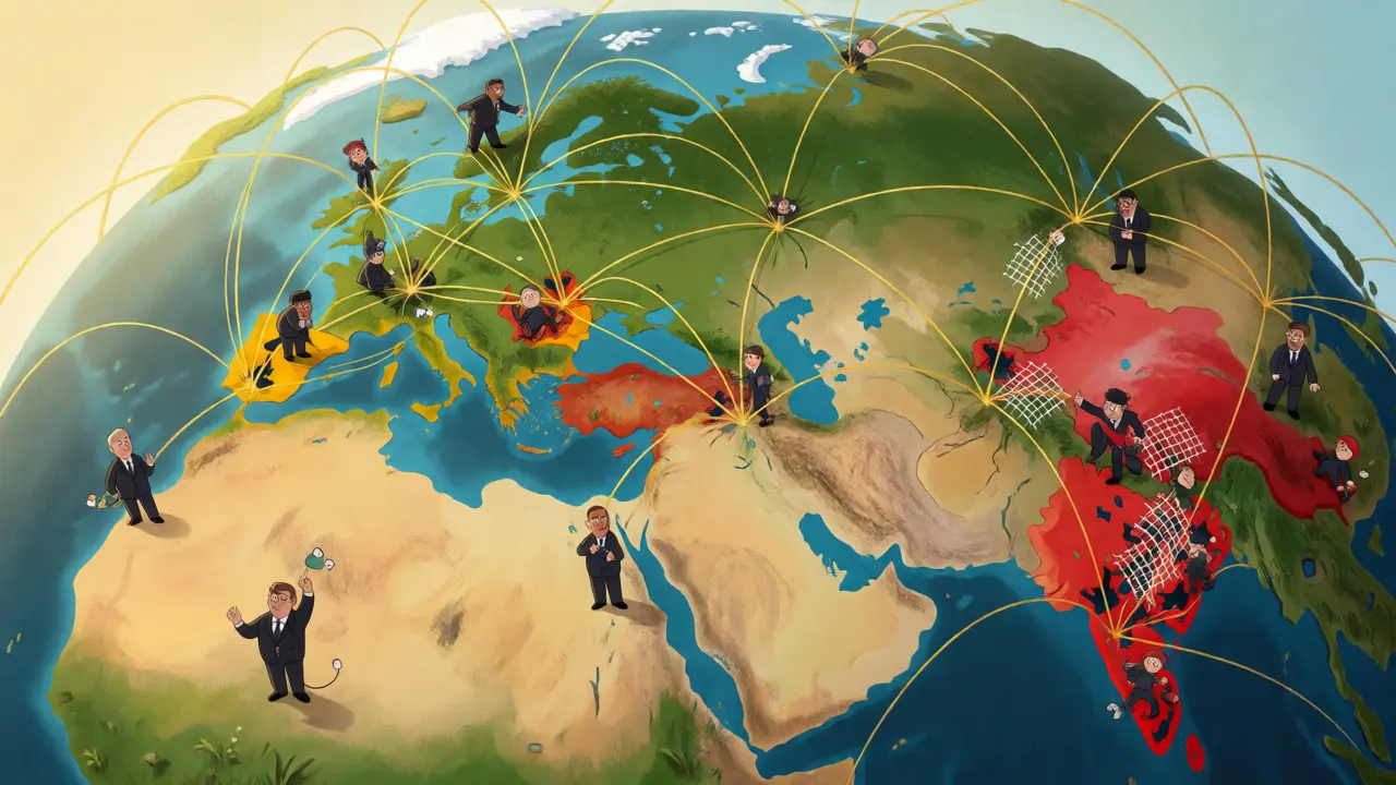 Globe terrestre illustré avec des trous réglementaires où s'échappent des voleurs de crypto.